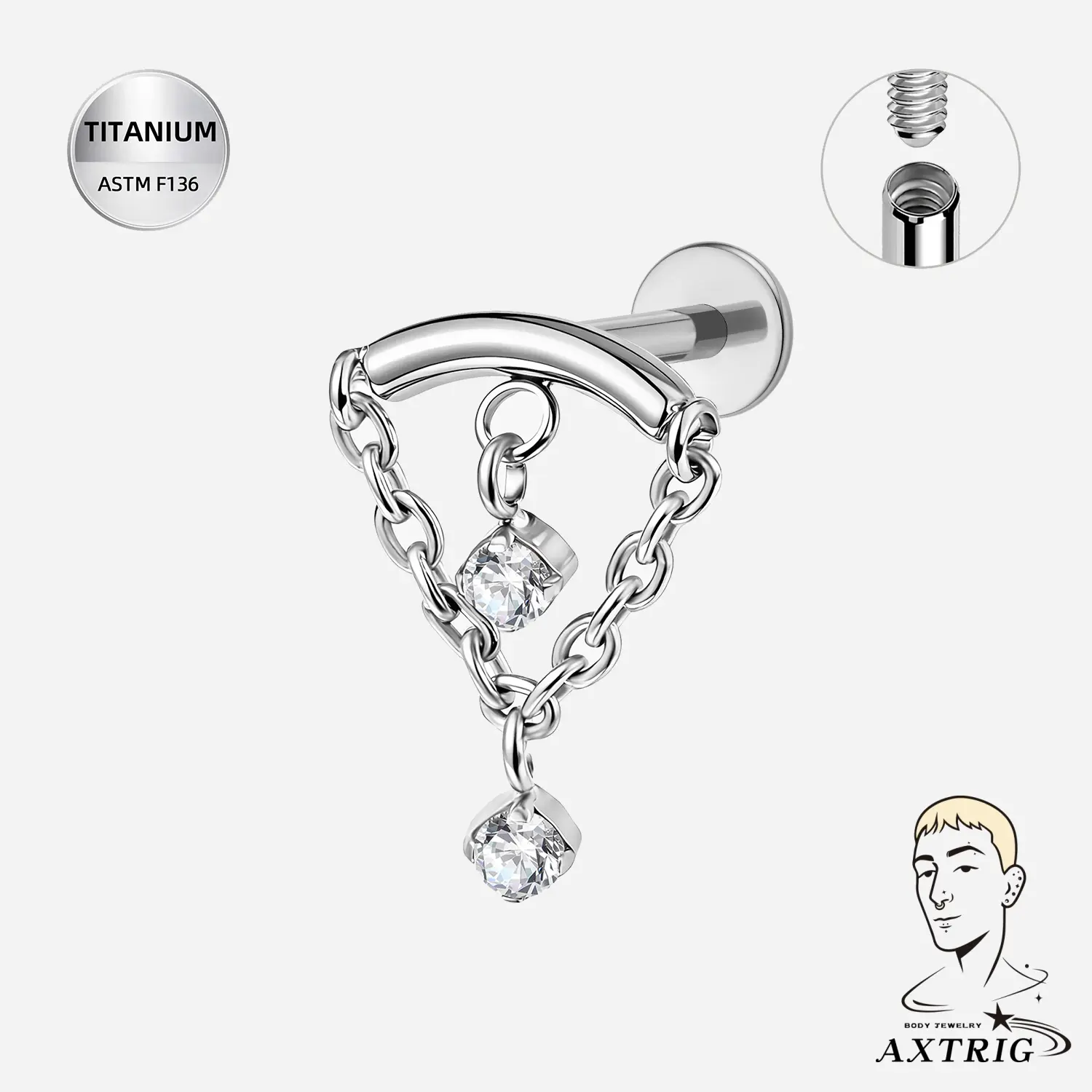 16G ASTM F136 Titanium CZ Chain Dangle Internally Threaded Flat Back Stud piercing