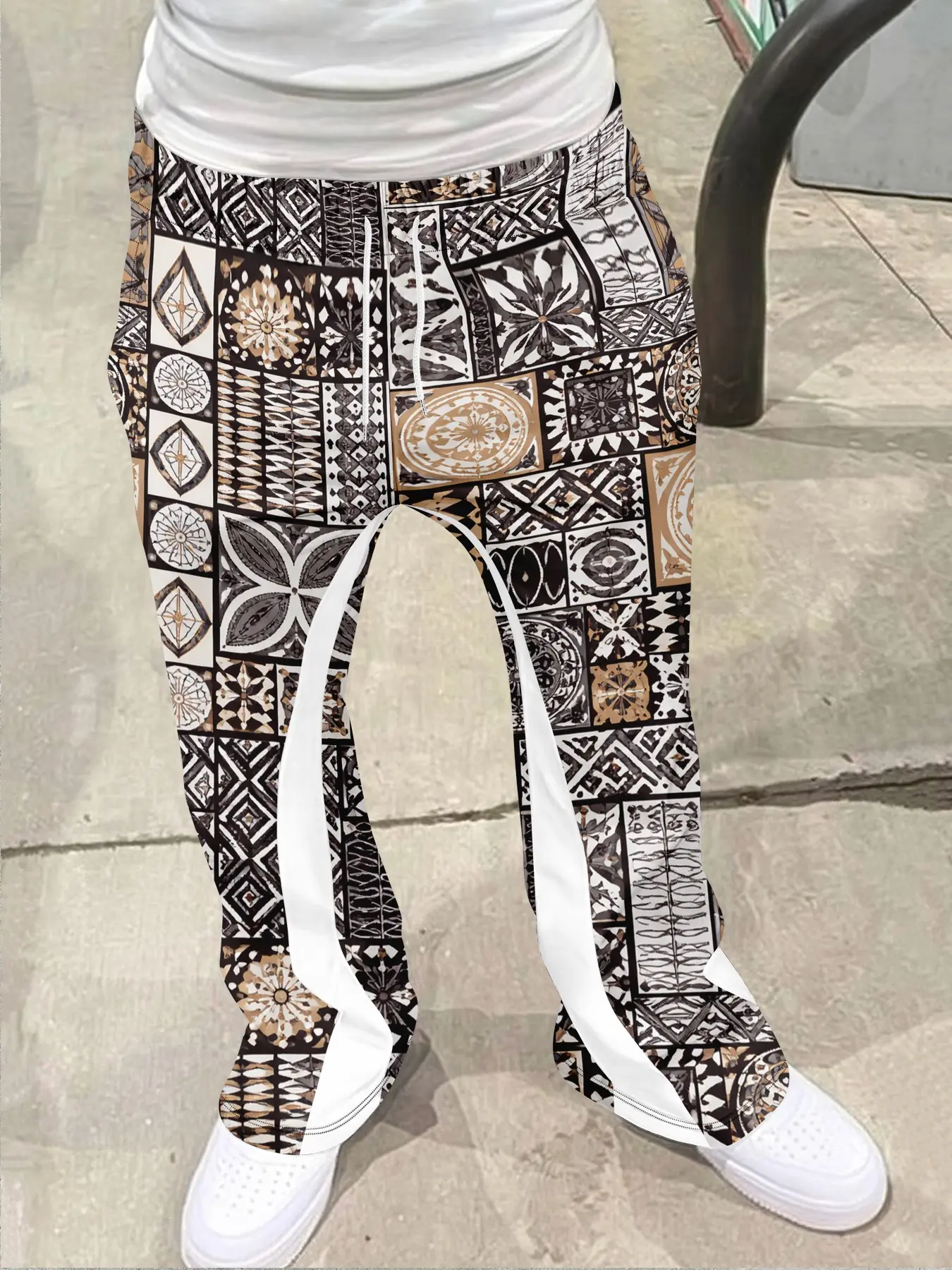 Boho Mosaic Tile Print Bell Bottoms, Ethnic Mosaic Casual Pants, Geometric Pattern, Fitted Style, All Seasons, Women's Fashion, Bohemian, Trouser, Casual Streetwear Pants, Aesthetic