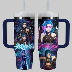 Arcane Jinx Anime 40oz Tumbler with Handle, Neon Punk Aesthetic League Inspired Cup, Chaotic Blue Hair Character Fan Gift, Gaming Series Stainless Steel Insulated Travel Mug