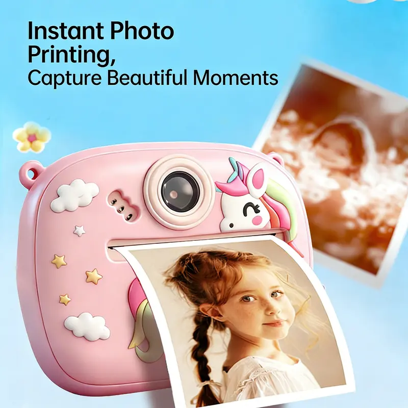 Cute Kids' Instant Selfie Camera - Digital Print Camera with Built-in MP3, Game, 128G Memory, High-Definition Dual-Color Screen, Portable Travel-Ready Toy for Children
