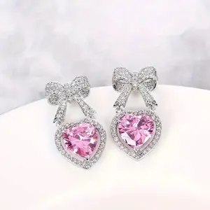 Elegant Sparkle Bow & Pink Heart Rhinestone Dangle Earrings
