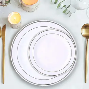 10-Pack Plastic Dessert Plates White with Très Chic Silver Rim - Disposable Plates for Appetizers 6"