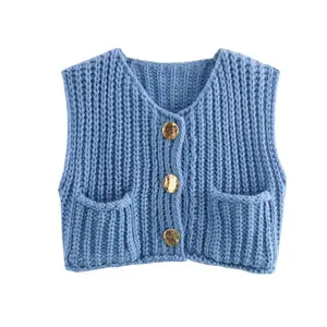 JovenPara Womens Crochet Chunky Knit Top with Pockets Sleeveless Button Down Crop Tops Trendy Cardigan Sweater Vest for Women