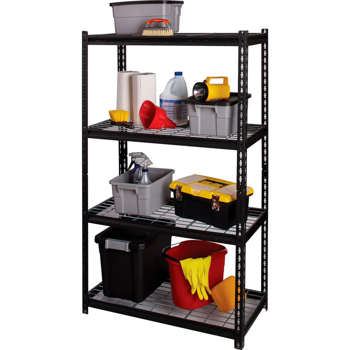 Hirsh Industries B2263305 4-Layer Steel Industrial Garage Rivet Shelving Racks with Wire Deck, 2300 lbs Capacity, 36x18x60 in, Black