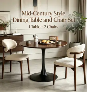 [2 Packages]Mid Century Modern 3-Piece Dining Set, Round Kitchen Table with 2 Cushioned Linen Chairs, Space Saving Breakfast Nook Furniture for Apartment, Walnut & Beige