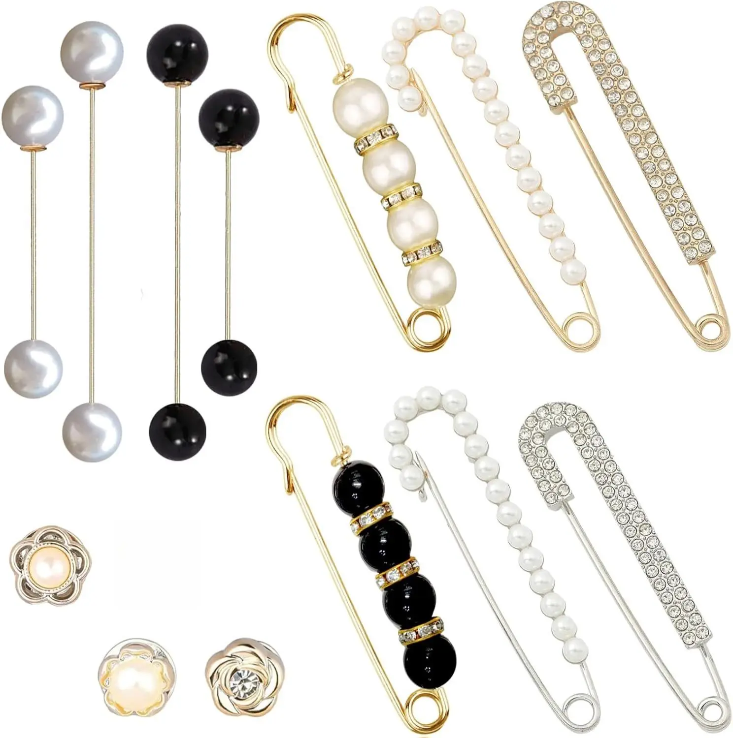 14 Pieces Brooch Safety Pins Pearl Brooch Button Pin Pant Waist Tightener Pins for Clothes Sweater Shawl Collar Dress Cardigan Shirt Jeans Accessories for Women Girls Quality Alloy Metal Faux Pearl Crystal