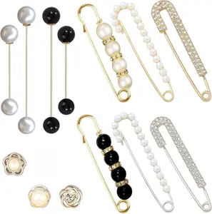 14 Pieces Brooch Safety Pins Pearl Brooch Button Pin Pant Waist Tightener Pins for Clothes Sweater Shawl Collar Dress Cardigan Shirt Jeans Accessories for Women Girls Quality Alloy Metal Faux Pearl Crystal