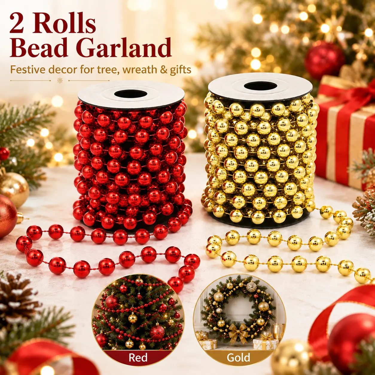 Red & Yellow Faux Pearl Beads Garland Pre-Strung Rolls, 19.69ft 9mm Bulk Bead String, for DIY Crafts, Tree Decor, Party Supplies & Jewelry Making