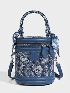 High-End Embroidered Handbag, Elegant Round Tube Bag, Blue Floral Silk Scarf Bag, Fashionable Bucket Bag, Dual Zipper Genuine Leather, Crossbody Bucket Bag