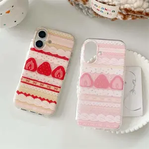Crystal Transparent White IND | Double layer Color blocked Strawberry | White Background Splicing | Best Friend Gift | Suitable for iPhone 11 12 13 14 15 16 17 Pro Max Casing