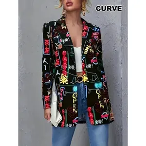 Women's clothing      Plus Size, Plus size blazer Women's Blazer with Neon Graffiti Print - Retro Streetwear Jacket, Loose-Fit Casual Coat for Fashion-Forward Ladies