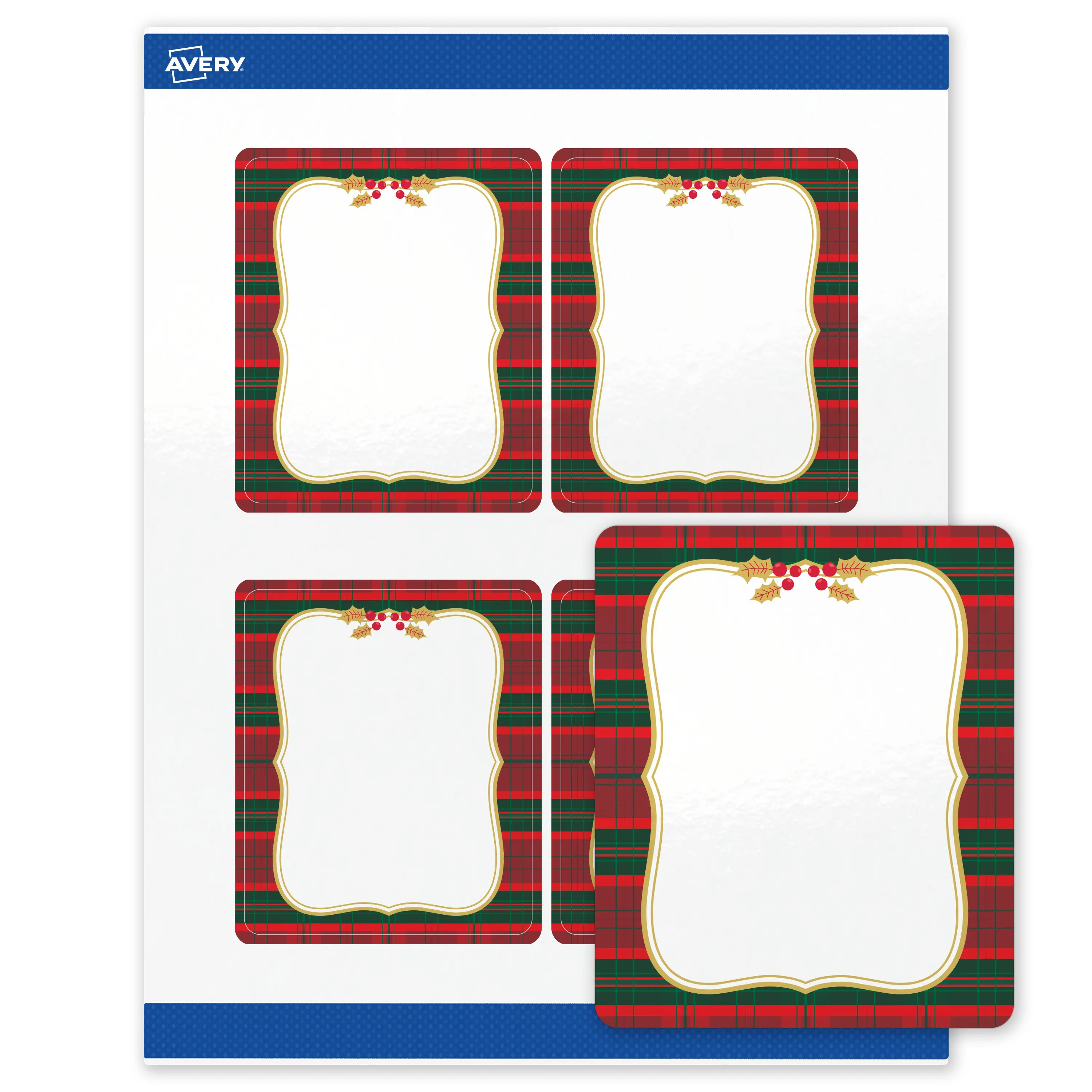 Avery® Printable Christmas Labels with Sure Feed® Technology, Rectangle, 4" x 3-1/3", Pre-Printed Red & Green Plaid with Metallic Gold Frame Design, Glossy White, Laser & Inkjet Compatible, 40 Total