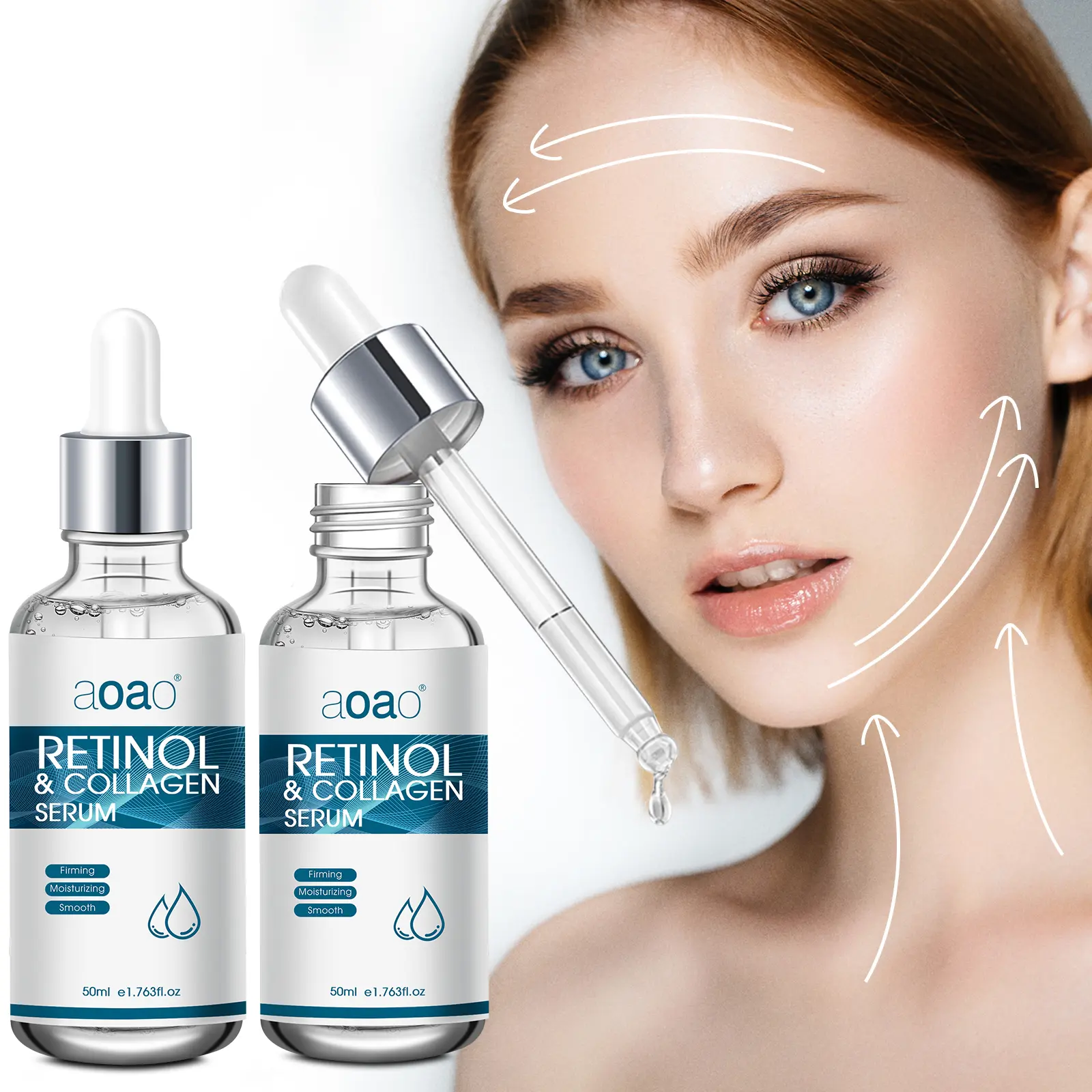 AOAO Daily Facial Serum with Retinol, Collagen, Hyaluronic Acid, Dropper - Hydrating, Moisturizing Skincare Treatment, 50ml, Dry, Pat Skin, Moisturizer, Soft Skin