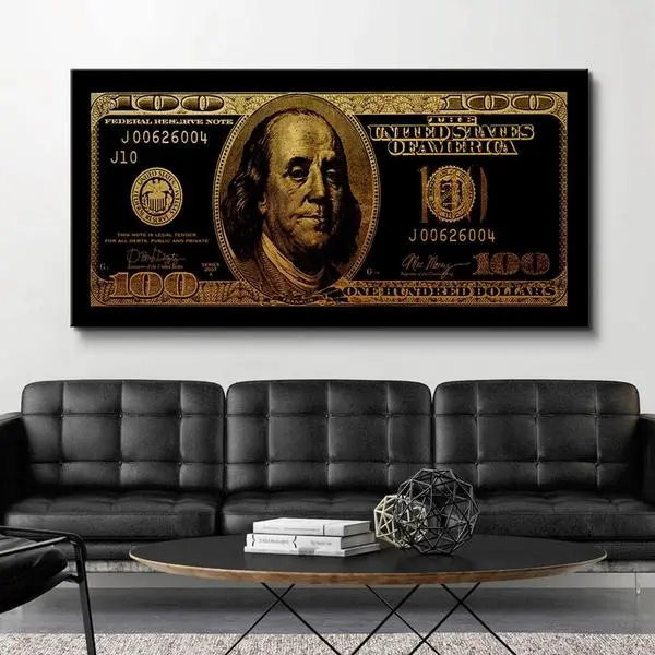 Vintage Benjamin Franklin 100-Dollar Bill Money Print Wall Art, Glossy Unframed Art Print Artwork, Gift for Office or Game Room Modern Home Decor