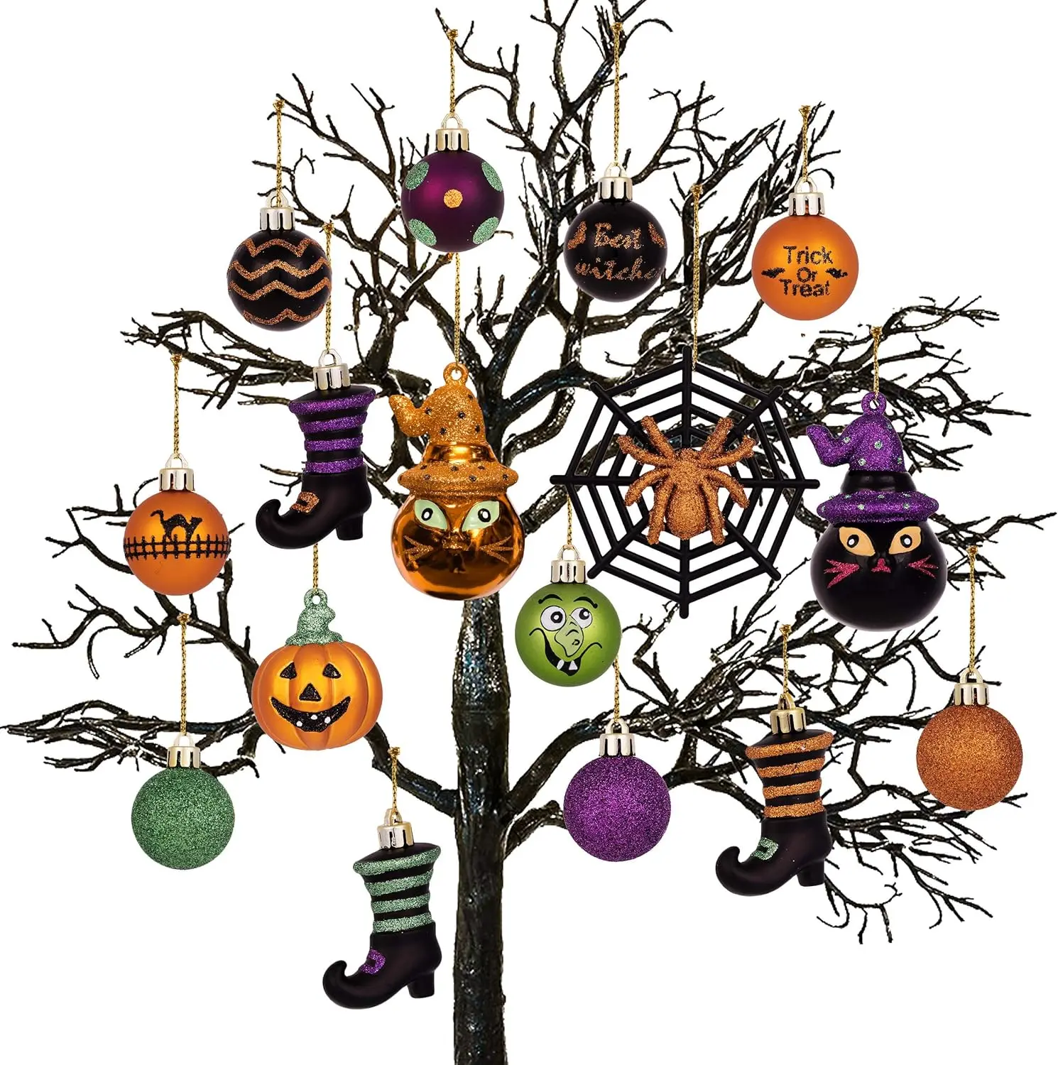 24-Piece Shatterproof Plastic Halloween Tree Ornaments Set - Spooky Trick or Treat Decor with Glittery Finish, Cat, Jack-o'-Lantern Pumpkin, Polka Dot, Stripe, Spider Web Designs, Variety of Styles for Festive Home Decor, Polka Dots