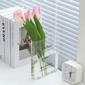 1pc Clear Acrylic Book Vase for Flowers Modern Minimalist Rectangular Book Shaped Vase Plastic Flower Holder for Home Office Shelf Decor Compatible with Tulips Roses Daisies