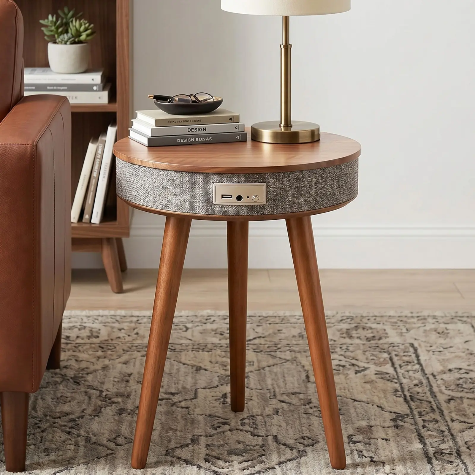 Smart Side Table with Wireless Charging & Bluetooth Speaker, Round Walnut End Table with Solid Wood Legs, Modern Bedside Table for Living Room Bedroom