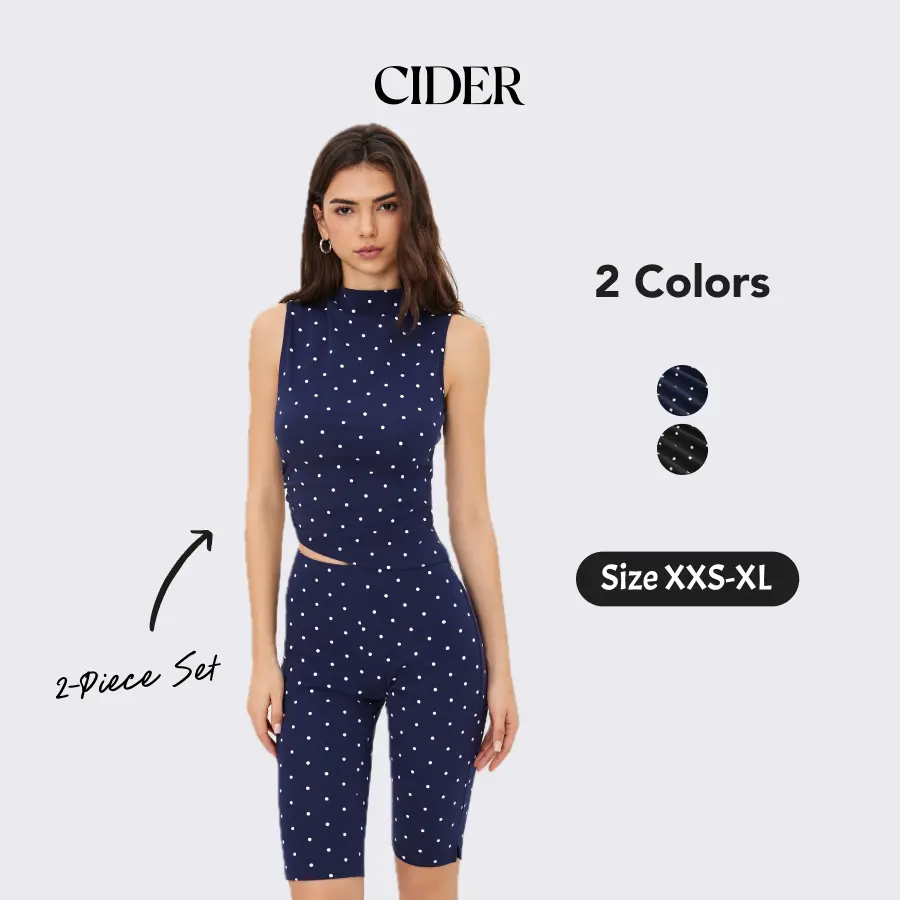 Cider 2-Piece Set Cotton-blend High Neck Polka Dot Asymmetrical Hem Top & Mid Rise Capri Pants Casual Womenswear Set Summer Sporty Style