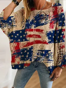 Women's Independence Day Flag Print Crew Neck Long Sleeve Knit Top, Casual Elegant Vacation Style Sweater, Comfortable Breathable Women's Shirt
