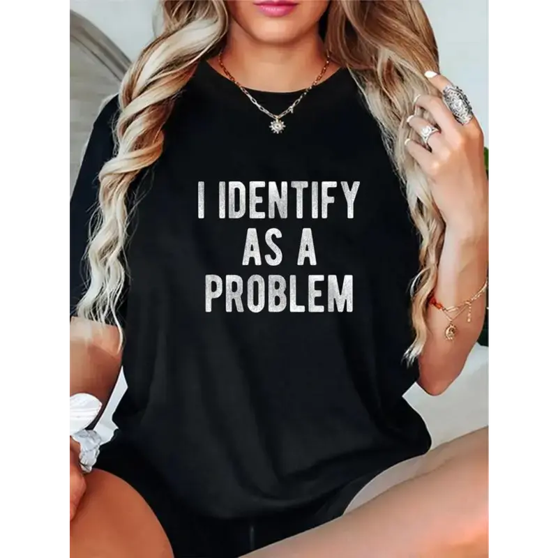 Men's Classic Round-Neck Short-Sleeve 100% Cotton Fabric T-Shirt - Unisex Funny Sarcastic "I Identify As A Problem" Printed Graphic Casual Top, Digital Print, Easy Measuring Tip, Funny Vibes, Refer To Size Chart, No