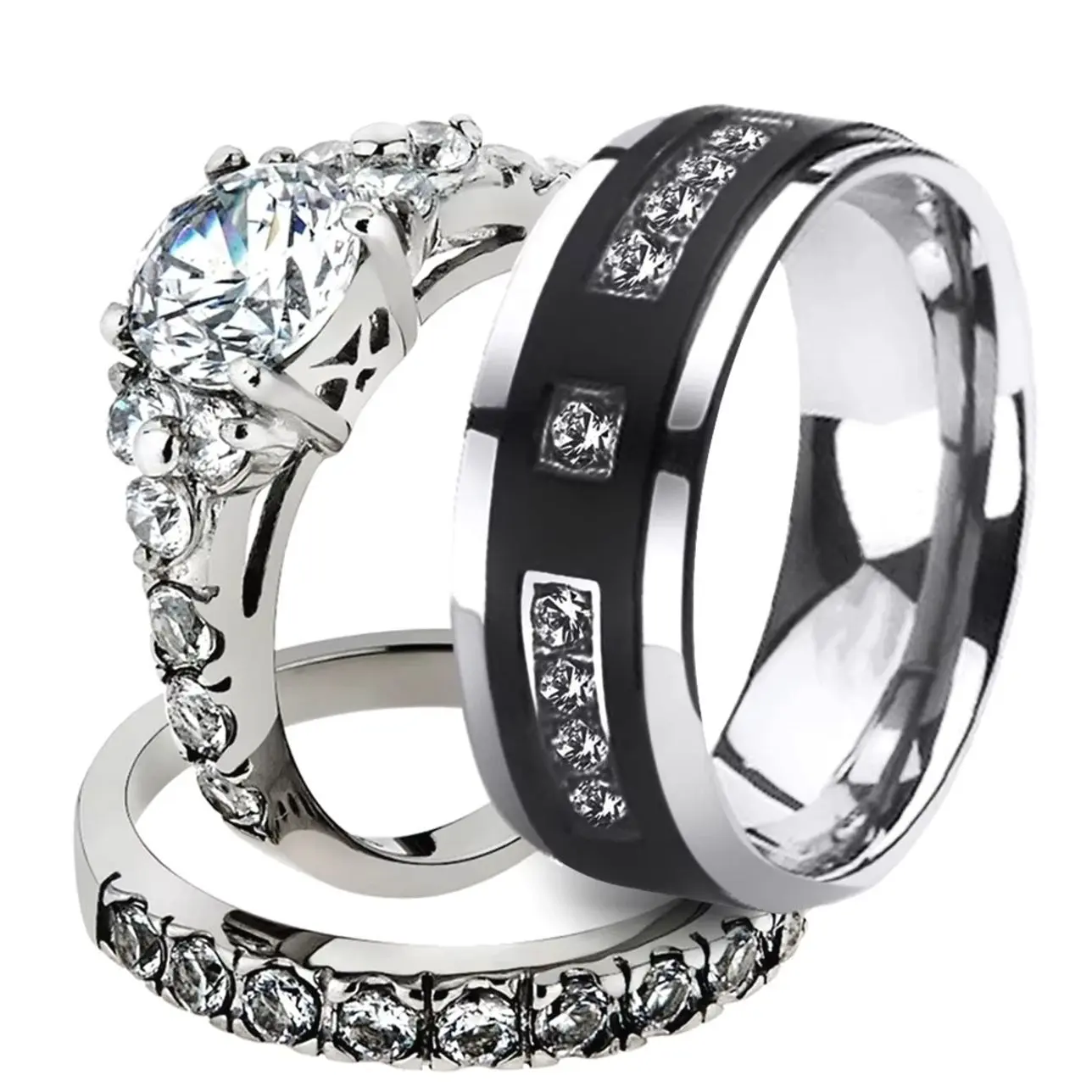 Black Stainless Steel Ring with Rhinestone, Trendy Couple Jewelry Set for Gifts