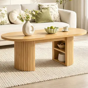 Coffee Table with Hidden Storage, Modern Oval Fluted Center Table with 3-Tier Adjustable Shelf, Extendable Living Room Table for Office, Bedroom, Space-Saving, Natural