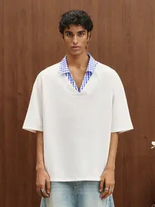 Unisex Layered-Look Polo Shirt, Minimalist Oversized Short Sleeve T-Shirt with Blue Plaid Collar, Breathable Casual Streetwear Top, Ideal for Preppy Style, Daily Wear, School and Casual Occasions