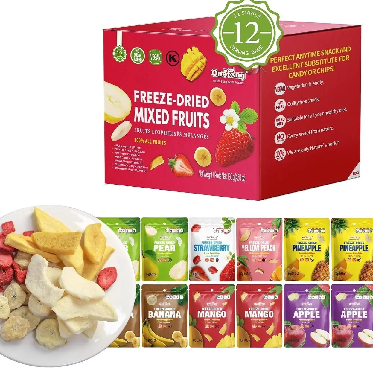 ONETANG Freeze-Dried Mixed Fruit, 12 Pack Single-Serve Pack, Non GMO, Kosher, No Add Sugar, Gluten free, Vegan, Holiday Gifts, Healthy Snack 0.35 Oz