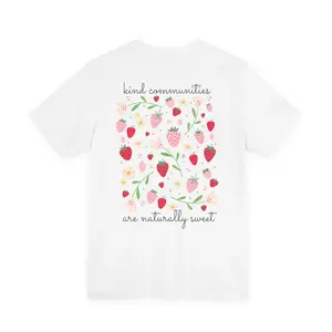 Kind Communities T-Shirt with Strawberry Pattern for Women | Pink Strawberries Floral Square Back Design Menswear Menswear