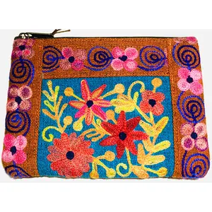 ORANGE- Embroidered Floral 2-Zip Accessory Purse