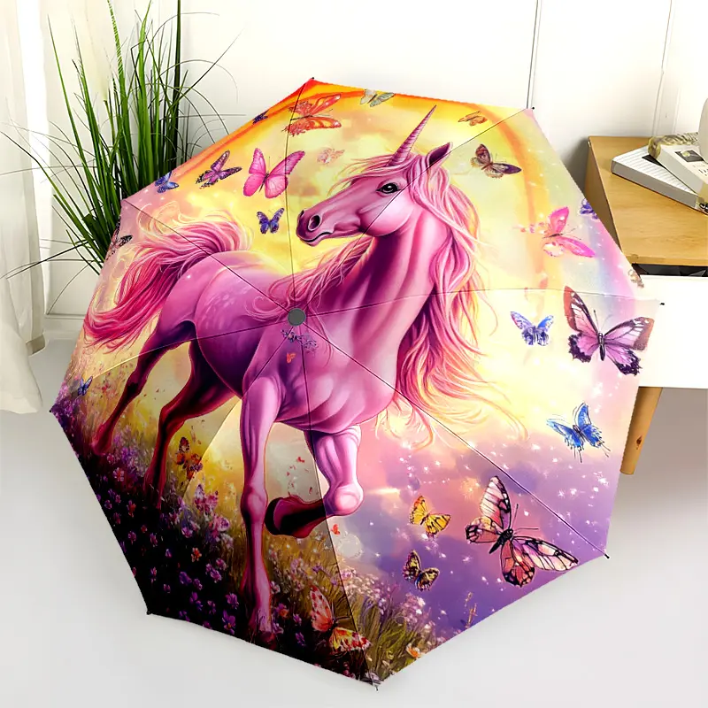 1 PC Automatic Folding Umbrella - Unicorn Fantasy Butterflies Rainbow Pattern, Portable & Foldable Design with 8 Ribs, Merry Christmas Pattern,Casual Outdoor Accessory Halloween and Christmas Birthday Gifts. D00119