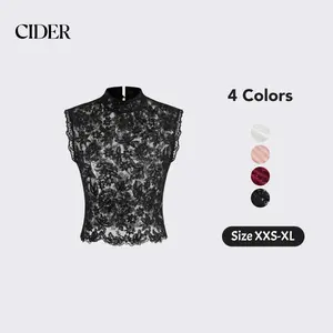 Cider Lace Crop Top with Mandarin Collar – Sheer Floral See -Through Tank, Layering-Friendly for Date Nights & Spring Outfits Dealsforyou