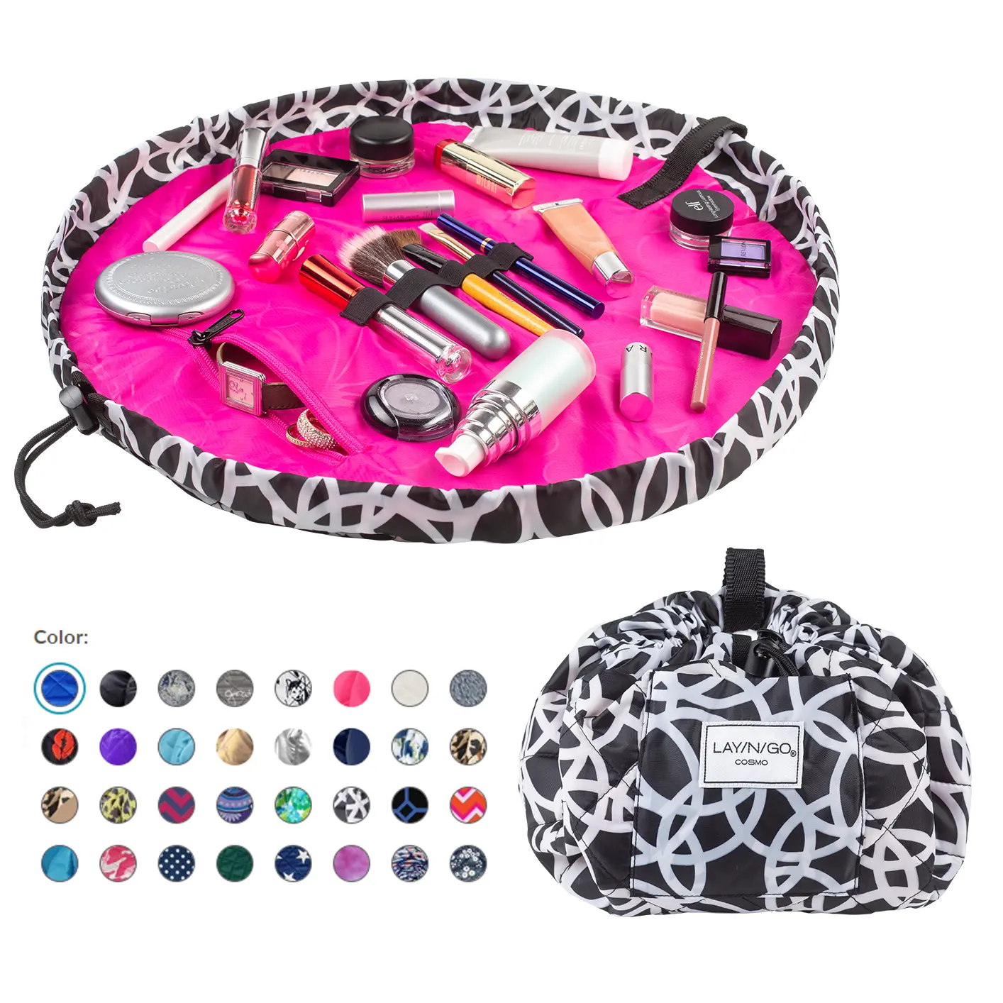 Lay-n-Go COSMO 20" Layflat Travel Cosmetic Bag - Drawstring, Multi-Pocket, Space-Saving Make-up Bag with Zippers, Elastic Loops for Daily Routines, Vacation Travel Storage, Multi-Pocket Make-Up Bags