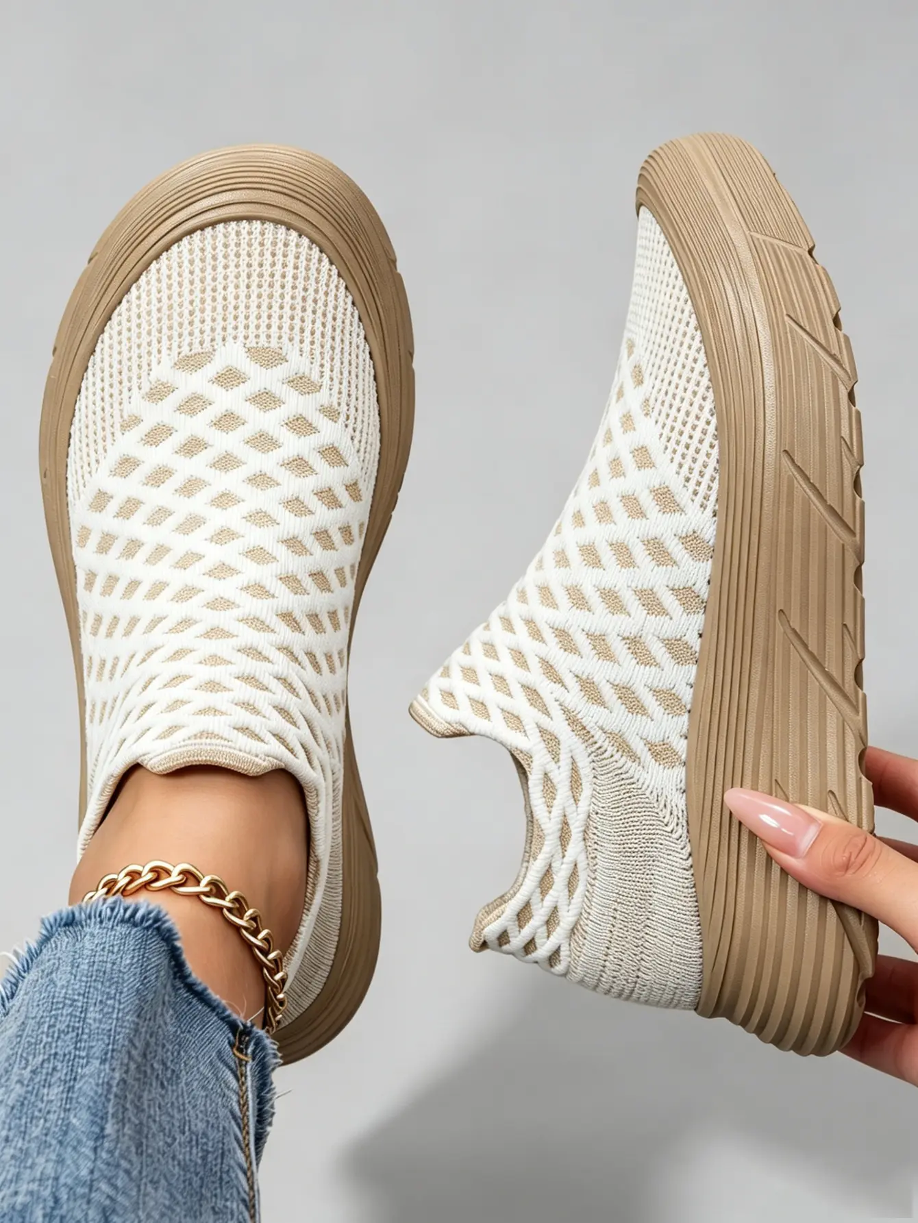 Women's Slip-On Platform Sneakers, Cream Hollow Diamond Knit Walking Shoes, Lightweight, Flexible & Folds Flat for Travel, Women's Shoes, Breathable, Eliminates Foot Sweat, Evenly Distributes Plantar Pressure