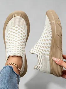 Women's Slip-On Platform Sneakers, Breathable Hollow Knit Sock Trainers, Lightweight Cushioned Walking Shoes for Daily Errands & Travel