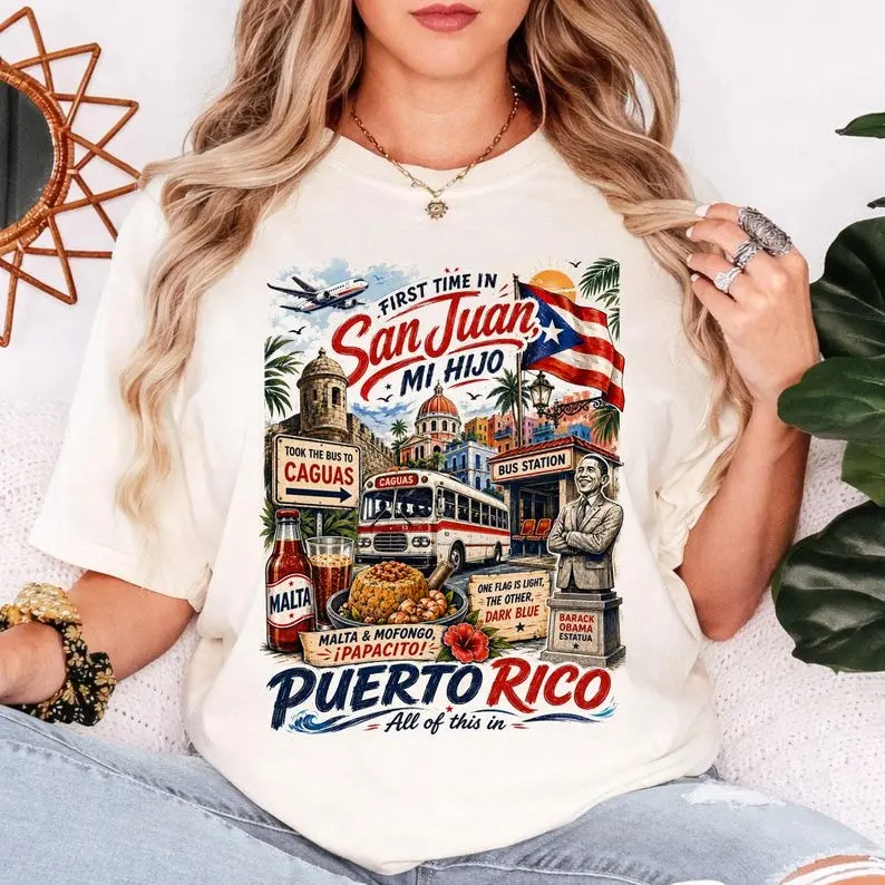 First Time In San Juan Puerto Rico T-Shirt - PR Viral Meme Video Song Vacation, Puerto Rican Boricua Pride Gift Unisex Tee