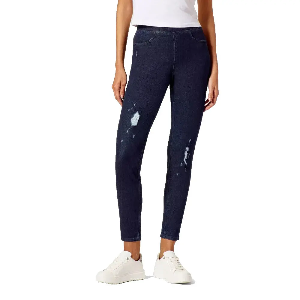 Hue Studio Women's Distressed Denim Leggings Midnight Rinse Size S Comfort Jean Comfort Jean Pockets Spring Womenswear Bottom