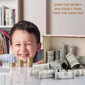 Wood Material Unisex Larger Size $10000 Savings Challenge Box - Cash Vault Kakeibo Money Bank with Counter, Dry Erase Pen - Brown Wooden Cash Coin Piggy Bank, Gift, Decor for Adults
