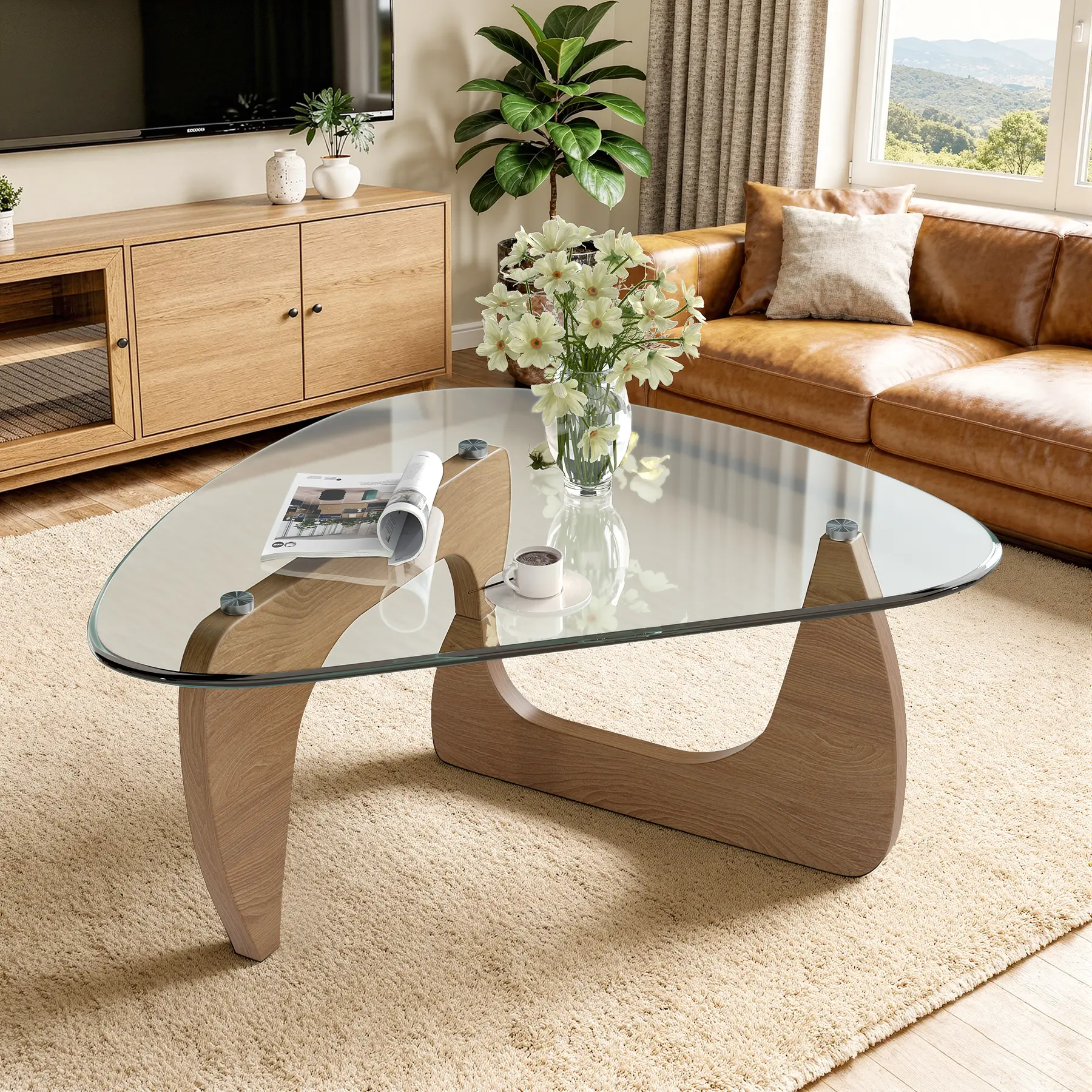 Modern Glass Coffee Table, Triangle Center Table with Tempered Glass Top& Unique Wooden Base, 31.5” Mid Century Tea Tables for Living Room, Apartment, Office,Wood &Transparent