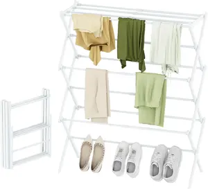 Foldable 3-Tier Portable Clothing Drying Rack, Anti-rust Collapsible Compact Laundry Drying Rack for Indoor & Outdoor, 15 lbs Max Load, White 28"D x 10"W x 35"H