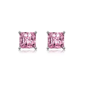 S925 Sterling Silver Pink Princess-Cut CZ Stud Earrings, Versatile Sparkling Jewelry for Women, Perfect for Daily, Work, Parties & Weddings