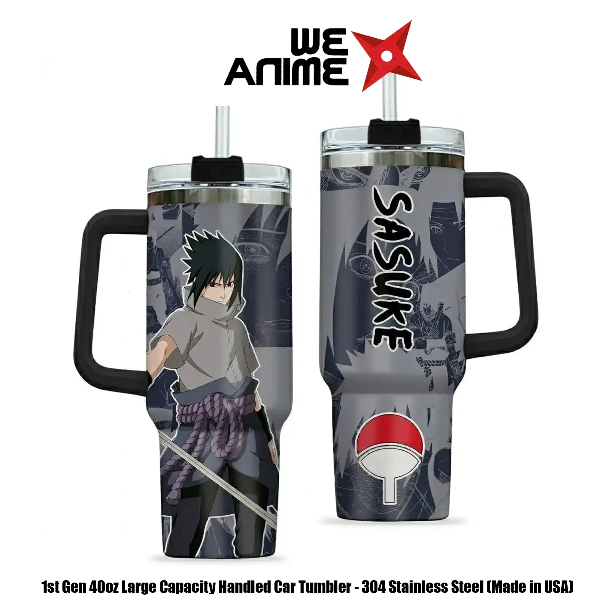 WEXANIME Sasuke Uchiha The Last Uchiha Personalized 20oz/40oz Stainless Steel Tumbler with Handle, Double-Wall Vacuum-Insulated Travel Mug, Leak-Resistant Coffee Cup, Reusable Drinkware, Gift for Naruto Fans