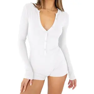 Women's 2025 Spring Sexy V Neck Long Sleeve Shorts Romper Y2k One Piece Jumpsuit Bodycon Pajama Set Gym Bodysuit2026