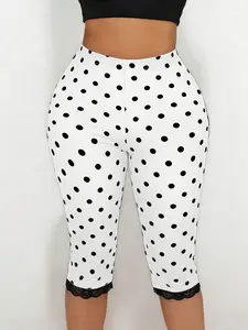 Women's Polka Dot Capri Pants, Slim-Fitting Straight-Leg Trousers, Casual Fashion, Millennial Retro Style, Lace Trim Design, Bottom, Casual Fitted Bottoms