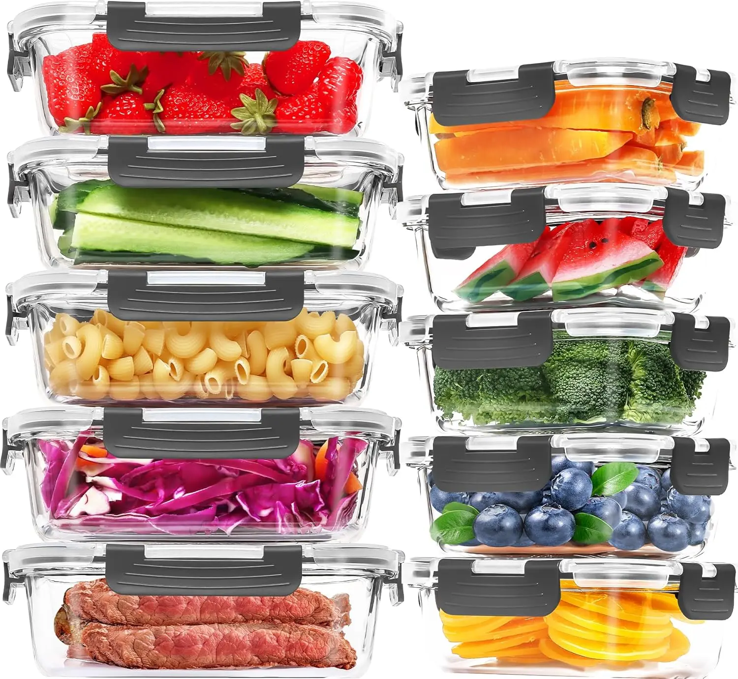 AISOON 10-Pack Borosilicate Glass Meal Prep Containers (5x13oz + 5x36oz) with Stackable Airtight Snap-Locking Lids - Leak Proof Container, Food-Safe, Non-Porous, Hygienic, Microwavable, Oven/Freezer/Dishwasher-Safe Kitchen Storage