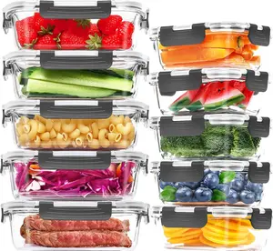 AISOON 10-Pack Borosilicate Glass Meal Prep Containers (5 x 13oz + 5 x 36oz) with Lids – Airtight Snap Locking Lids, Microwave, Oven, Freezer & Dishwasher Safe – Food Storage Containers for Kitchen & Pantry