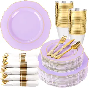 350PCS Purple Plastic Plates - Disposable Light Purple and Gold Plates 50guest Baroque Plastic Dinnerware include 100Plates, 50Pack Pre Rolled Napkins