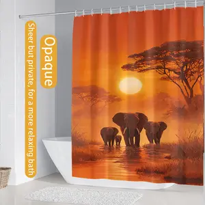 1/4 piece 2D printed desert elephant design shower curtain set, waterproof polyester fiber, including toilet cover and anti slip carpet, U-shaped pad, optional single shower curtain, essential for home decoration