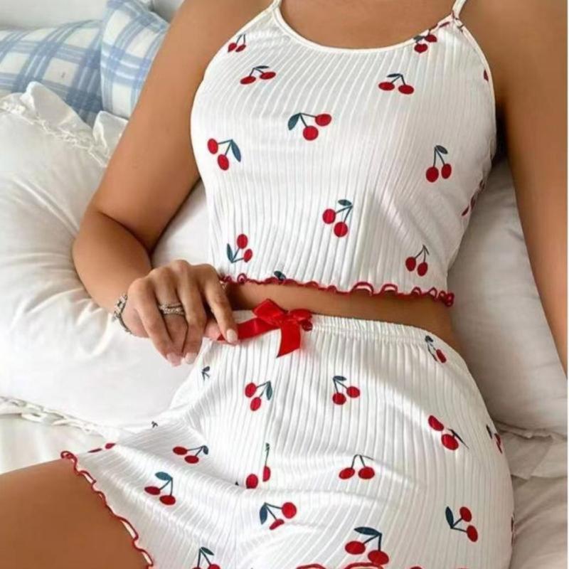 Casual Pajama Set with Cherry and Heart Print Spaghetti Strap Top and Ruffled Hem Shorts Soft Polyester Spandex Blend 95 5 180g m² Comfortable All Season Loungewear Perfect Valentine s Day Gift for Women Fabric Womenswear Everyday Feminine