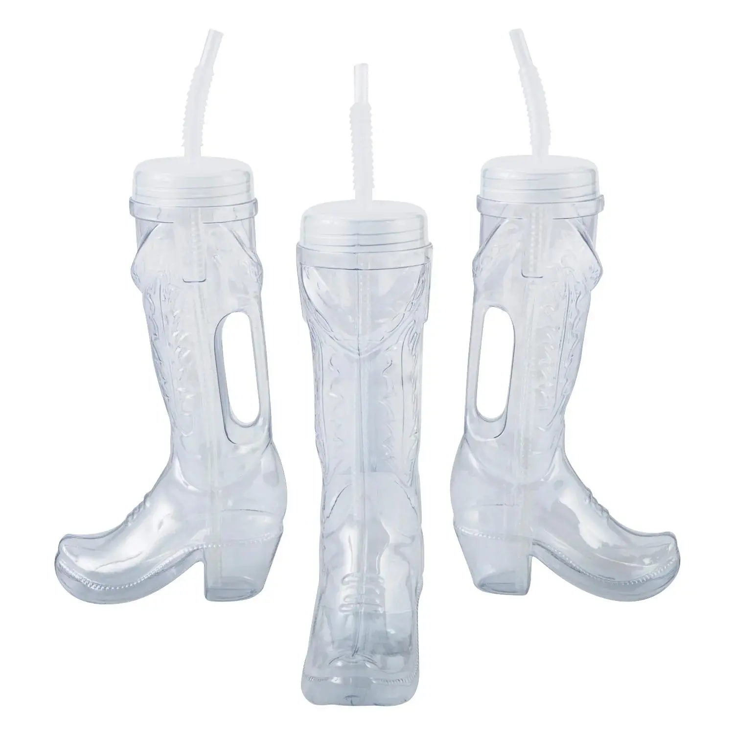 Stylish Cowboy Boot-Shaped Western Drinkware Accessories - 10 3/4" 30 oz. Reusable Plastic Cups with Lids & Straws, 6-Pc. Set for Birthday Events